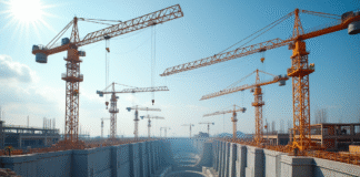 Grand chantier avec grues et ouvriers en sécurité