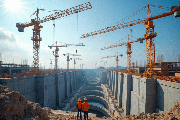 Grand chantier avec grues et ouvriers en sécurité