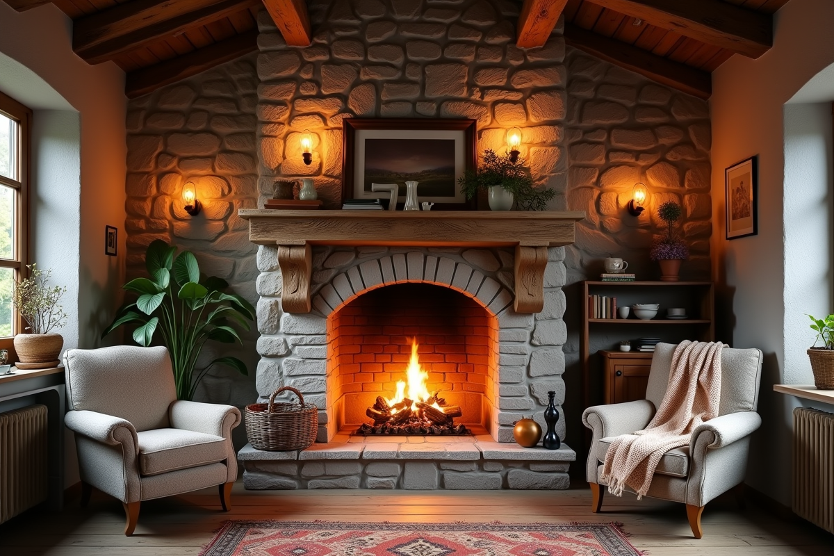 Cheminée en pierre dans une pièce de style cottage chaleureux