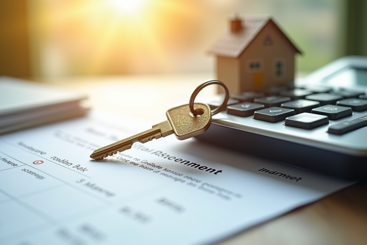 Clé de maison posée sur une calculatrice et un contrat de prêt immobilier