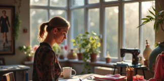 Designer de mode en studio lumineux en train de dessiner