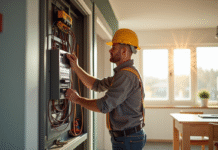 Électricien professionnel installant un panneau électrique moderne dans une maison rénovée
