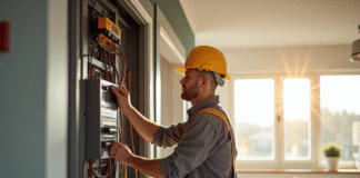 Électricien professionnel installant un panneau électrique moderne dans une maison rénovée