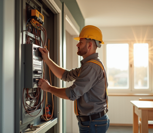 Électricien professionnel installant un panneau électrique moderne dans une maison rénovée