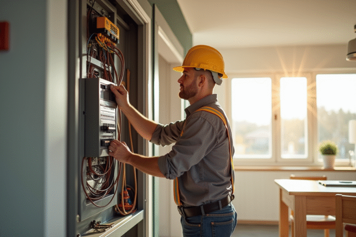 Électricien professionnel installant un panneau électrique moderne dans une maison rénovée