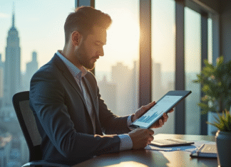 Cadre confiant d un dirigeant d entreprise dans un bureau moderne avec vue sur la ville