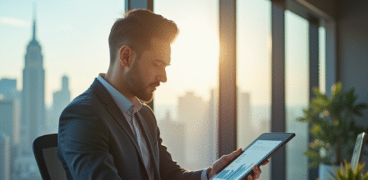 Salaire PDG Google : chiffres et comparaisons en 2025 Cadre confiant d un dirigeant d entreprise dans un bureau moderne avec vue sur la ville