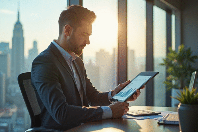 Cadre confiant d un dirigeant d entreprise dans un bureau moderne avec vue sur la ville