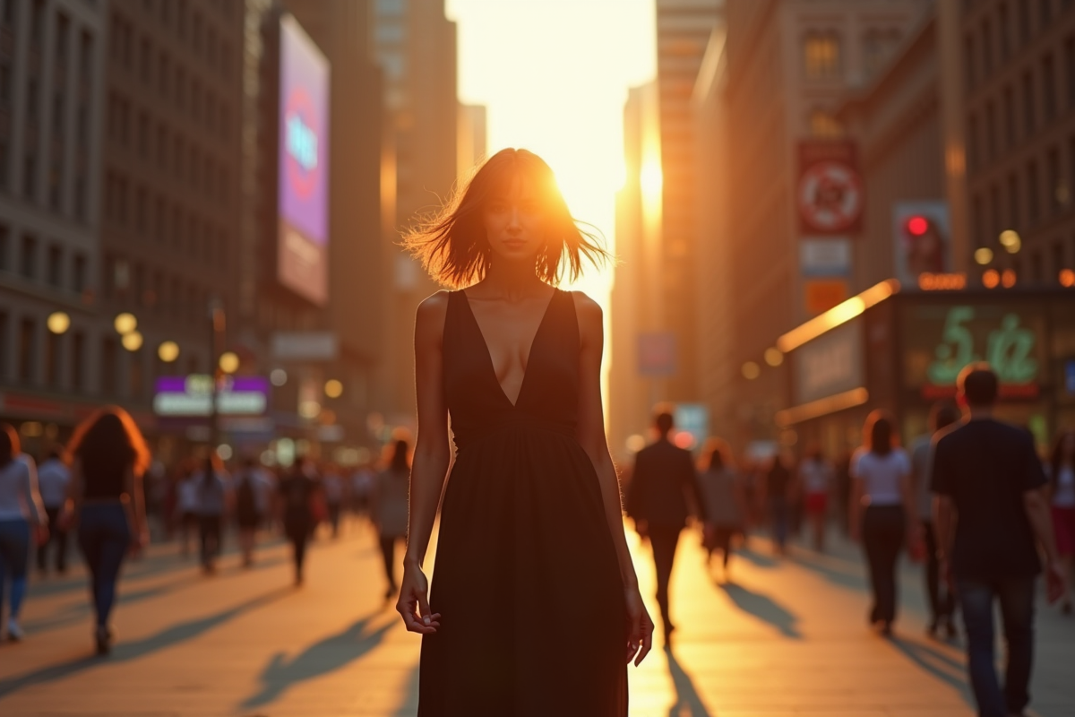 Femme confiante en robe noire dans rue animée au coucher du soleil