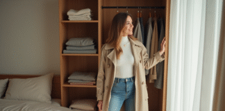 Garde-robe : indispensables pour un look tendance et pratique Femme élégante dans une chambre moderne organisée