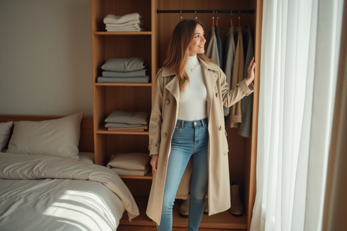 femme-stylee-robe-organisee Femme élégante dans une chambre moderne organisée