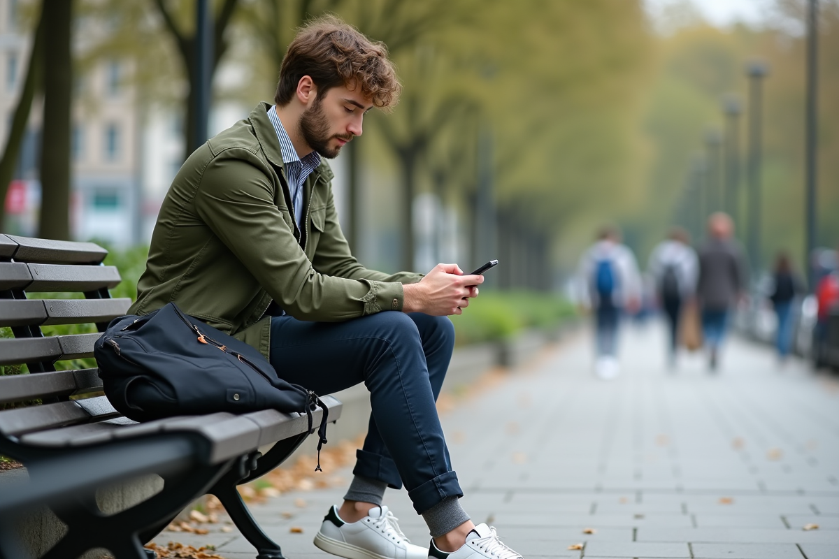 Jeune homme assis dans un parc urbain en ville