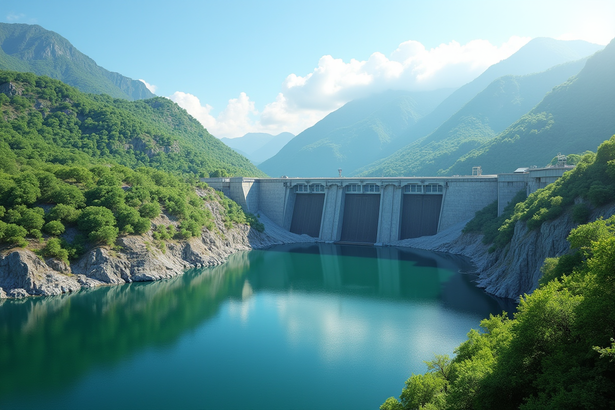 Installation hydroélectrique moderne dans un paysage verdoyant en journée