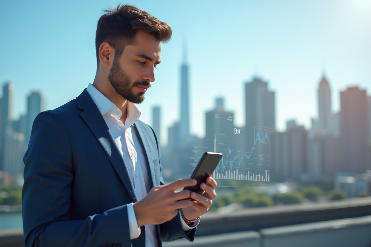 Jeune entrepreneur utilisant une application fintech sur smartphone en ville