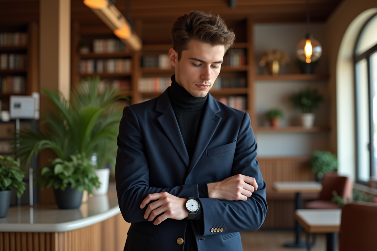 Jeune homme en blazer dans un café lumineux