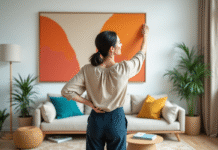Couleurs qui attirent le regard : comment les choisir pour votre décoration ? Femme accrochant une peinture orange dans un salon moderne