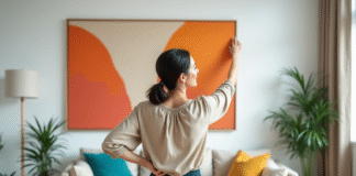 Femme accrochant une peinture orange dans un salon moderne