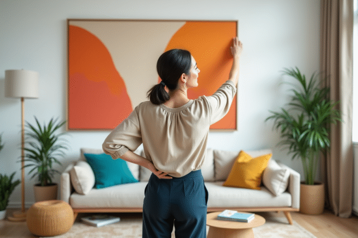 peintre-hanging-oeuvre-dart Femme accrochant une peinture orange dans un salon moderne