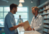 Pharmacien souriant remettant une ordonnance au client