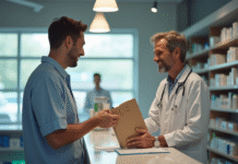 Pharmacien souriant remettant une ordonnance au client