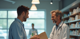 Pharmacien souriant remettant une ordonnance au client