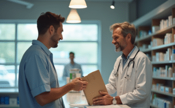 Tout ce que vous devez savoir avant de vous rendre en pharmacie Pharmacien souriant remettant une ordonnance au client