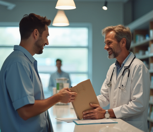 Pharmacien souriant remettant une ordonnance au client