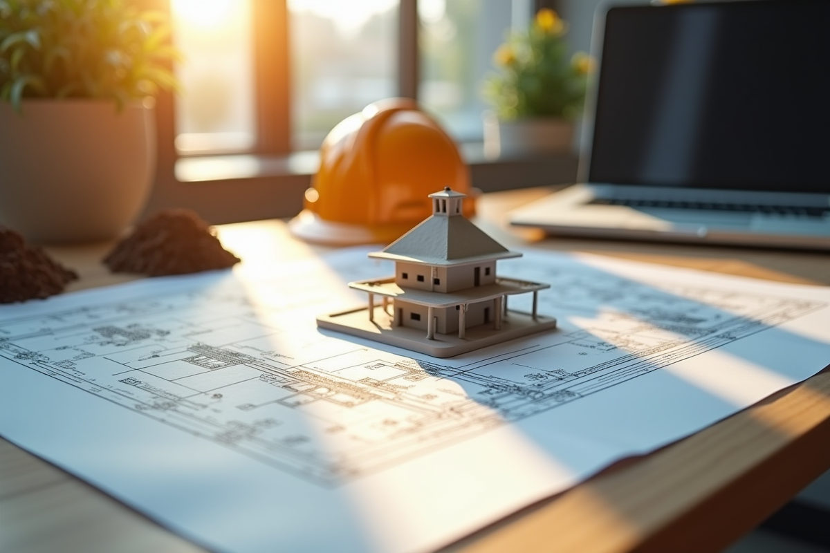 Plan d architecture avec maquette et casque de chantier