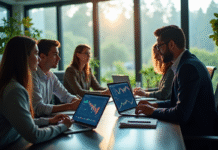 Groupe de professionnels analysant des graphiques fintech en réunion