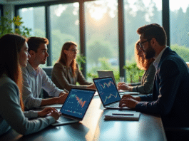 Groupe de professionnels analysant des graphiques fintech en réunion