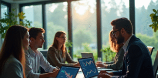 Groupe de professionnels analysant des graphiques fintech en réunion