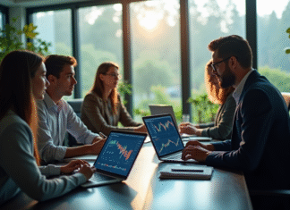 Groupe de professionnels analysant des graphiques fintech en réunion