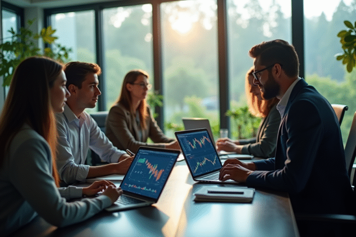 Groupe de professionnels analysant des graphiques fintech en réunion