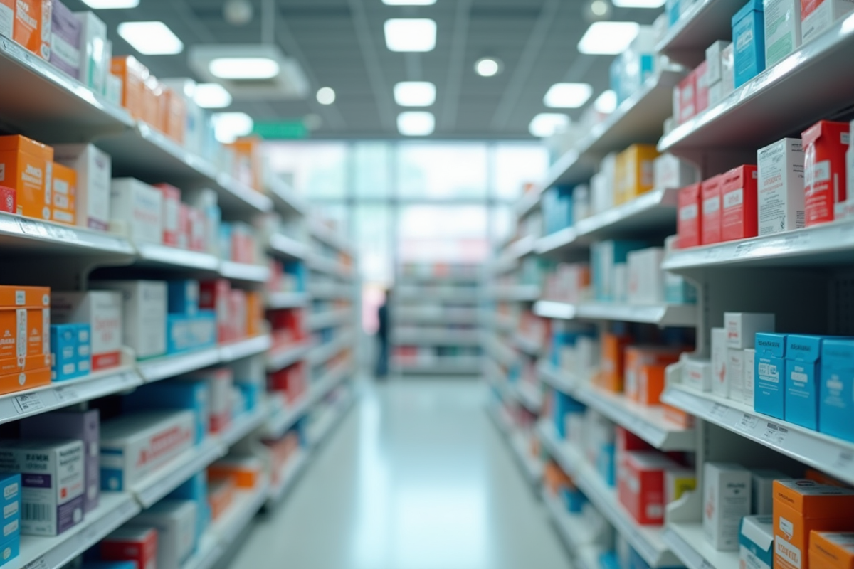 Rayon bien organisé avec médicaments colorés et produits santé