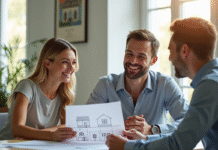 Couple souriant rencontrant un conseiller immobilier dans un bureau lumineux