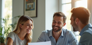 Couple souriant rencontrant un conseiller immobilier dans un bureau lumineux