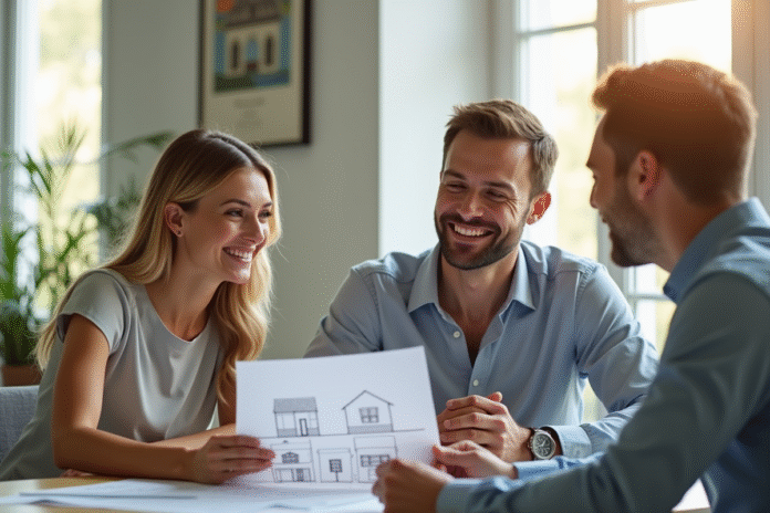 Couple souriant rencontrant un conseiller immobilier dans un bureau lumineux