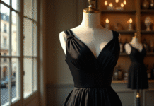 Robe noire élégante sur mannequin vintage dans boutique parisienne