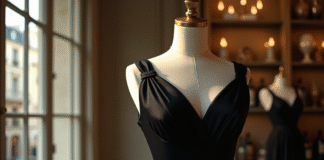 Robe noire élégante sur mannequin vintage dans boutique parisienne