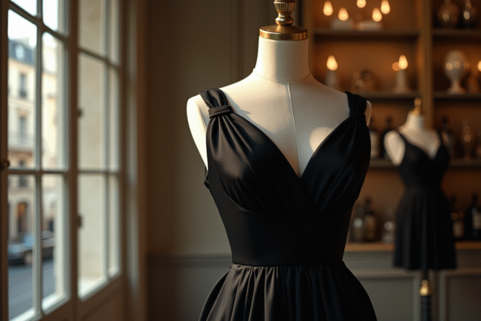 Robe noire élégante sur mannequin vintage dans boutique parisienne