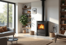 Salon moderne avec poêle à bois design et grande luminosité