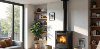 Salon moderne avec poêle à bois design et grande luminosité