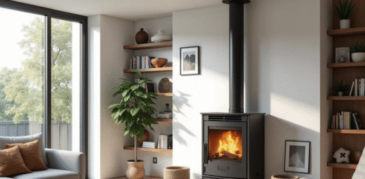 Poêles et cheminées : quand le chauffage devient aussi un élément de déco Salon moderne avec poêle à bois design et grande luminosité