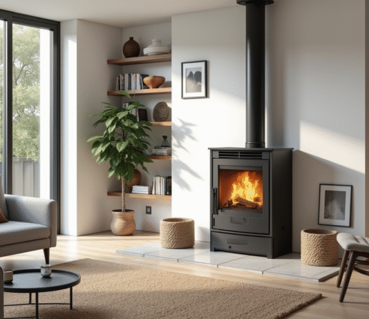 Salon moderne avec poêle à bois design et grande luminosité