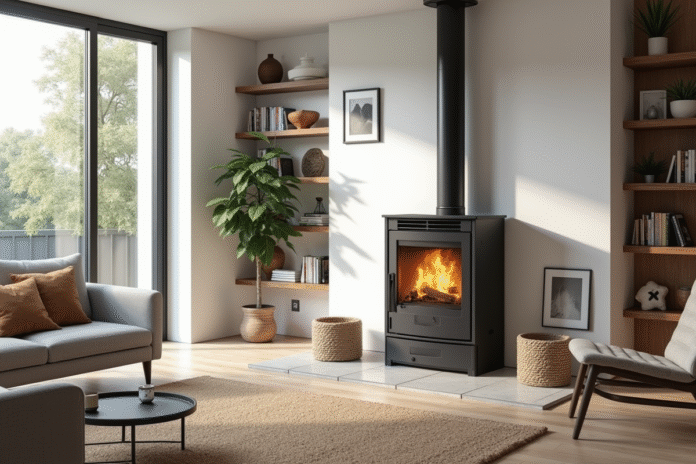 Salon moderne avec poêle à bois design et grande luminosité