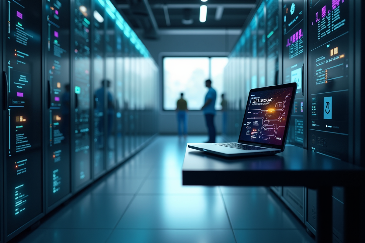Serveur moderne avec un ordinateur portable montrant un flux de deep learning