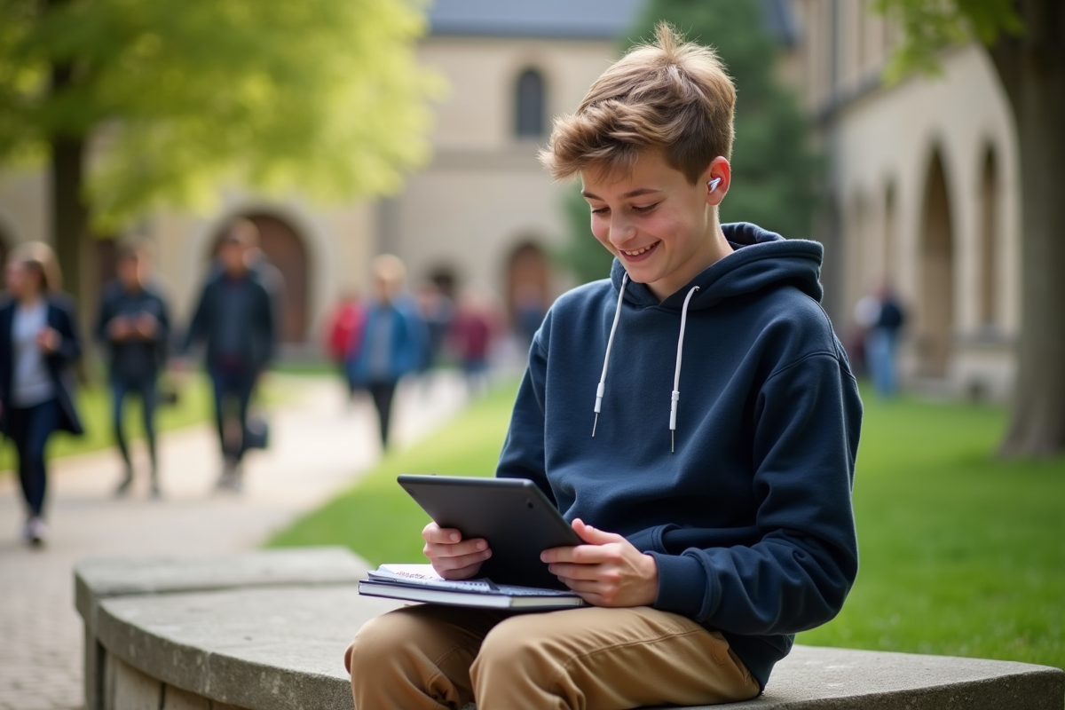 Adolescent souriant utilisant une tablette en extérieur dans une cour universitaire
