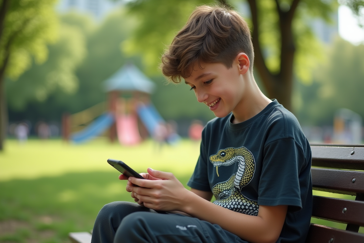 Adolescent jouant au snake sur mobile en plein air