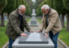 Homme et femme déposant une plaque funéraire en granit dans un cimetière paisible