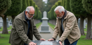 Choisir des plaques funéraires en granit : qualité, esthétique et durabilité Homme et femme déposant une plaque funéraire en granit dans un cimetière paisible